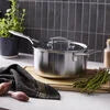 Demeyere Industry 5 4.25 qt Sauce Pan With Lid, 18/10 Stainless Steel Stay-cool, shot-blasted stainless-steel handles are securely welded and ultra-hygienic. The Silvinox surface treatment makes dishwasher-safe Industry a cinch to clean.