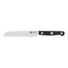 ZWILLING Gourmet 5-inch Z15.1 Utility Knife, Serrated Edge Traditional, triple-riveted handle with a laser-inscribed logo provides balance and stability.